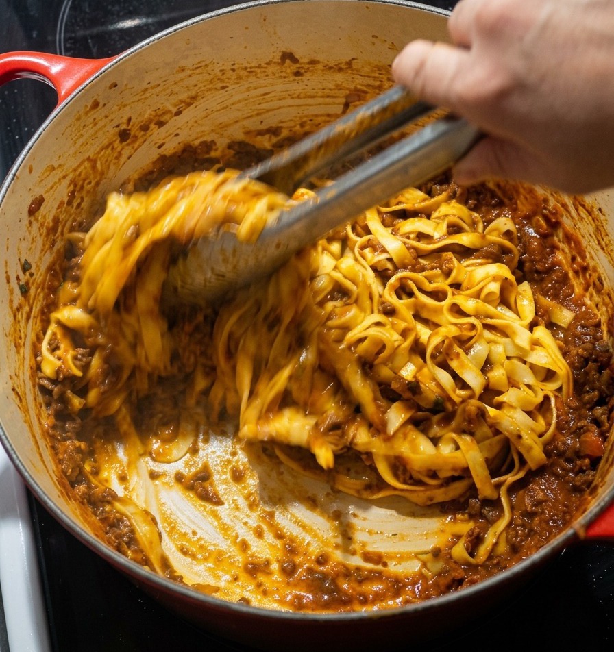 Eine Küchenzange vermengt breite Tagliatelle mit einer herzhaften Fleischsauce in einem roten gusseisernen Topf.