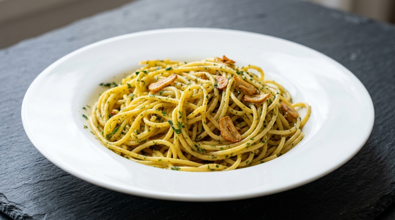Goldene Spaghetti, geschwenkt mit knusprigen Knoblauchscheiben, würzigen Speckwürfeln und fein gehackter frischer Petersilie.