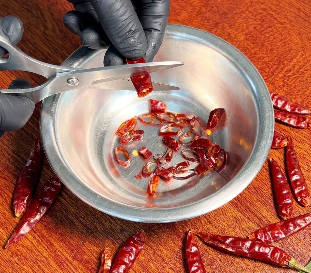 Eine Person schneidet getrocknete rote Chilischoten mit einer Küchenschere in kleine Ringe über einer Edelstahlschale.