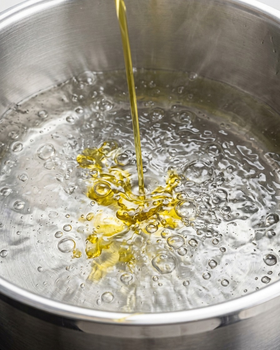 Ein Edelstahltopf mit kräftig sprudelndem, kochendem Wasser auf einem Herd.