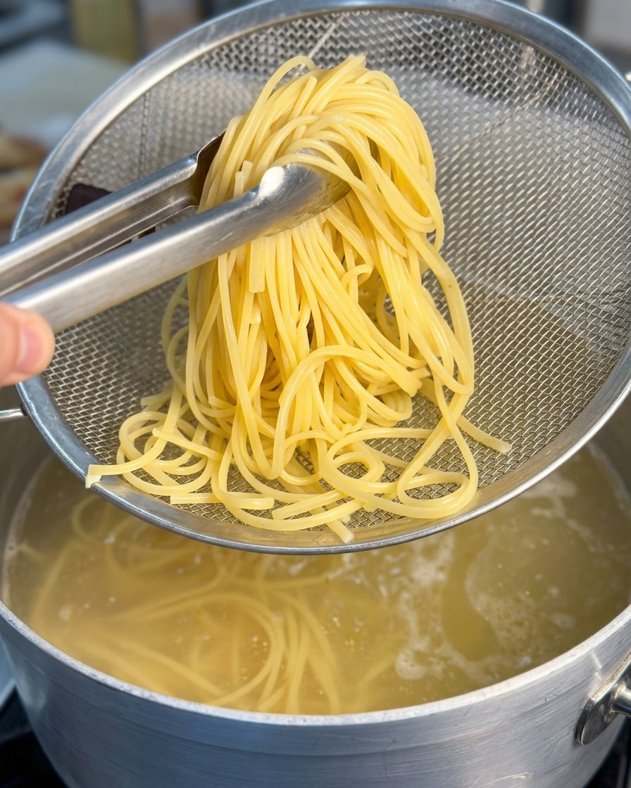 Eine Küchenzange hebt ein Bündel gelbe Spaghetti in ein feinmaschiges Metallsieb über einem Topf mit kochendem Wasser.