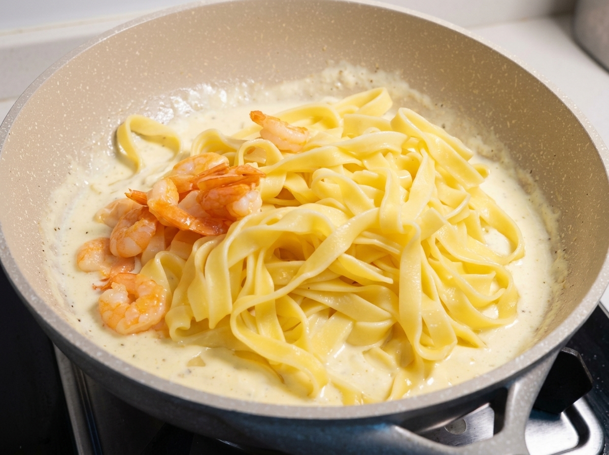 Gebratene rosa Garnelen werden in eine Pfanne mit Fettuccine-Nudeln und cremiger weißer Sauce gegeben.