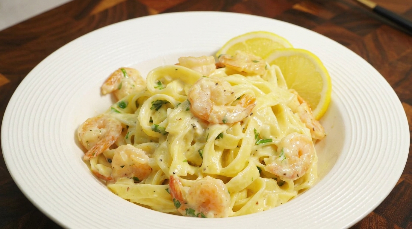 Cremige Zitronen-Garnelen-Fettuccine