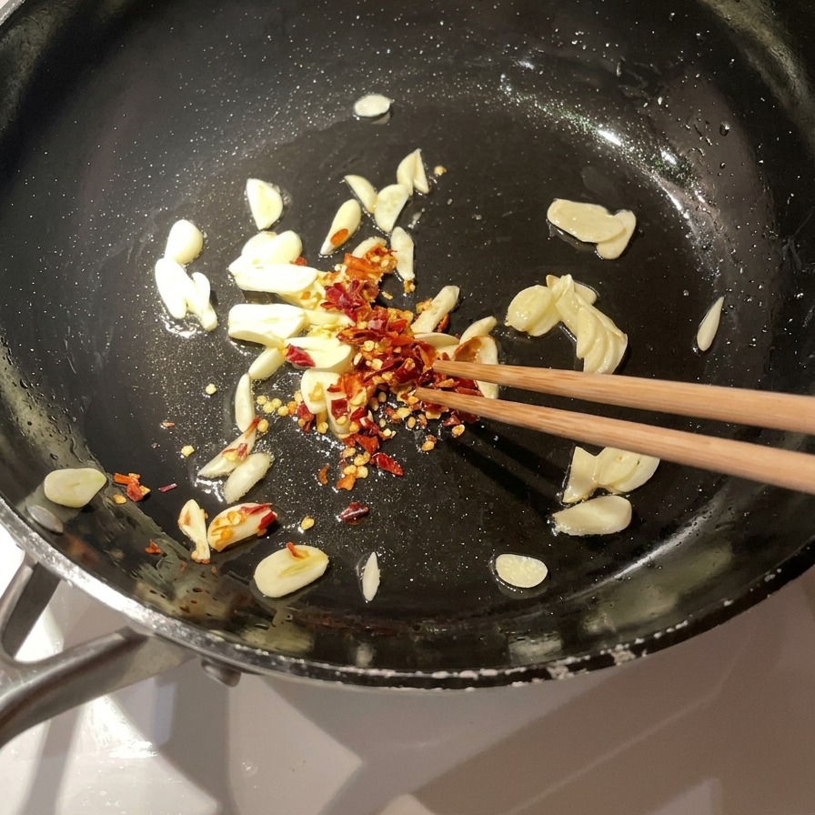 Getrocknete Chiliflocken werden in eine Pfanne mit aromatischen, im Öl brodelnden Knoblauchscheiben gemischt.
