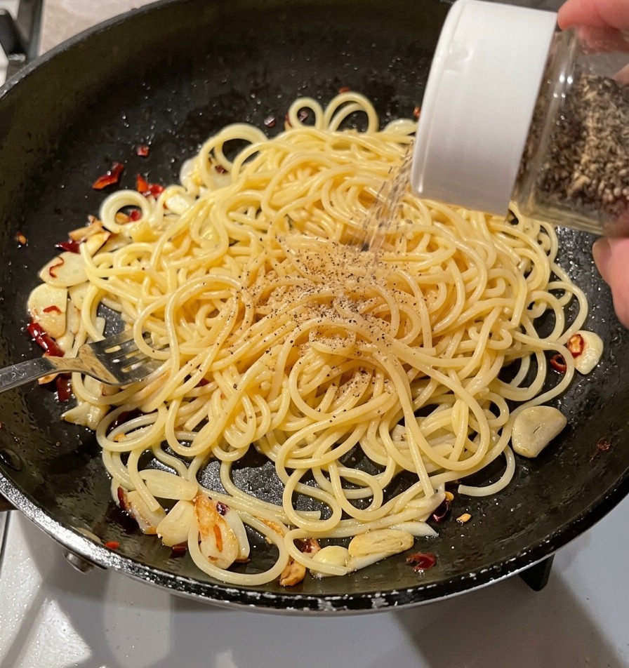 Eine Hand verwendet eine Mühle mit weißer Kappe, um frische Gewürze über eine Pfanne mit gekochter Pasta zu streuen.