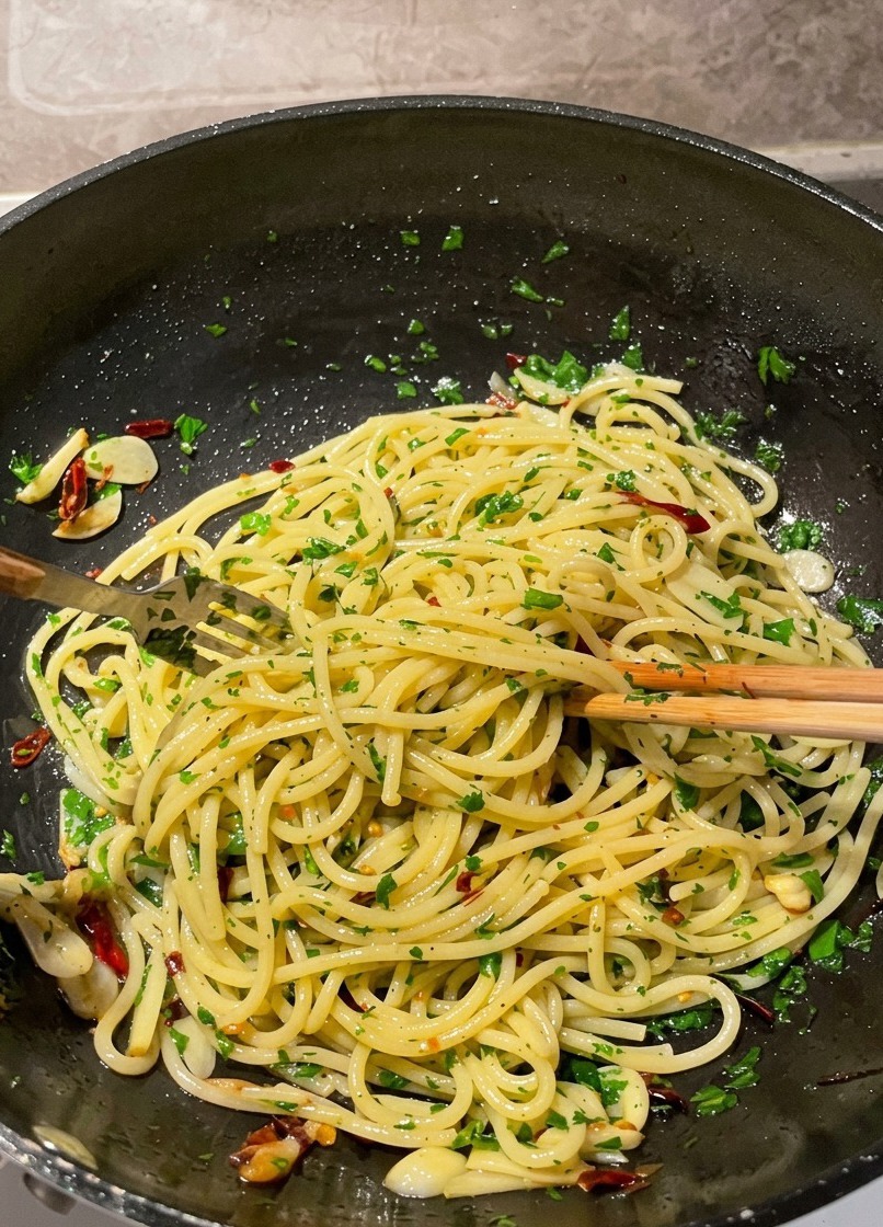 Eine Pfanne Spaghetti wird mit goldenem Knoblauch, Chiliflocken und viel frischer grüner Petersilie mithilfe von Stäbchen und einer Gabel schwungvoll vermengt.