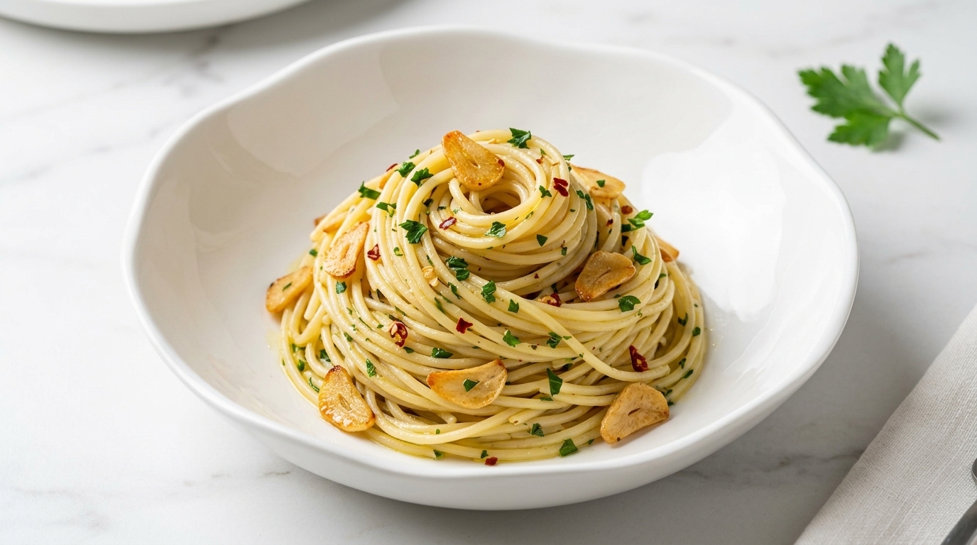 Klassische Spaghetti Aglio e Olio mit frischer Petersilie