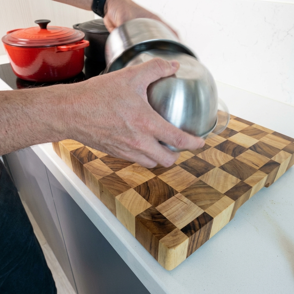 Die Hände einer Person halten zwei Edelstahlschüsseln über einem Holzschneidebrett aufeinander, um die darin liegenden Knoblauchzehen kräftig zu schütteln.