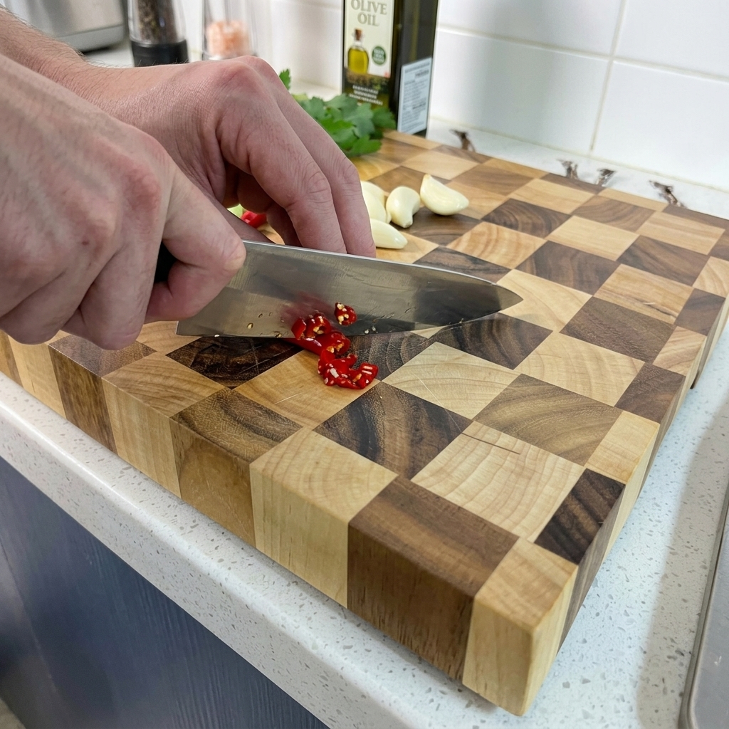 Ein Messer hackt eine leuchtend rote Chilischote auf einem Holzbrett, im Hintergrund sind ganze Knoblauchzehen zu sehen.