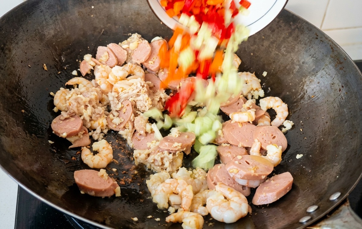 Gewürfelte rote Paprika und grüner Sellerie werden aus einer weißen Schüssel in einen Wok voller gegartem Fleisch und Garnelen gegeben.