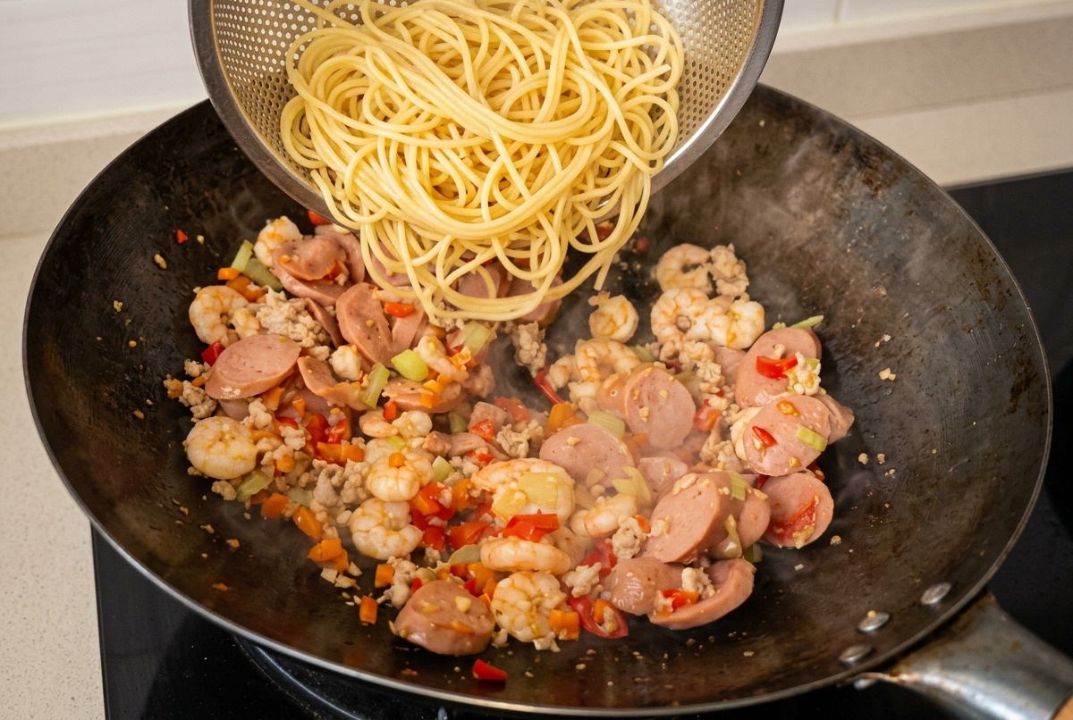 Gekochte Spaghetti werden aus einem Metallsieb in einen Wok mit einer bunten Fleisch-Gemüse-Pfanne gegeben.