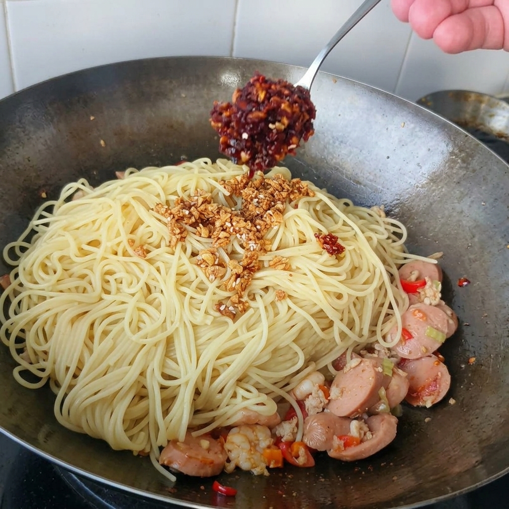 Ein Metalllöffel gibt eine Portion leuchtend rotes Chiliöl samt Chiliflocken auf Spaghetti im Wok.