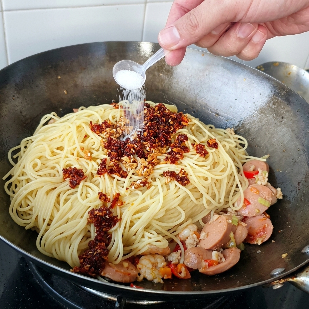 Salz wird mit einem kleinen Kunststofflöffel über Nudeln gestreut, die mit Chiliöl und Knoblauch gewürzt sind.