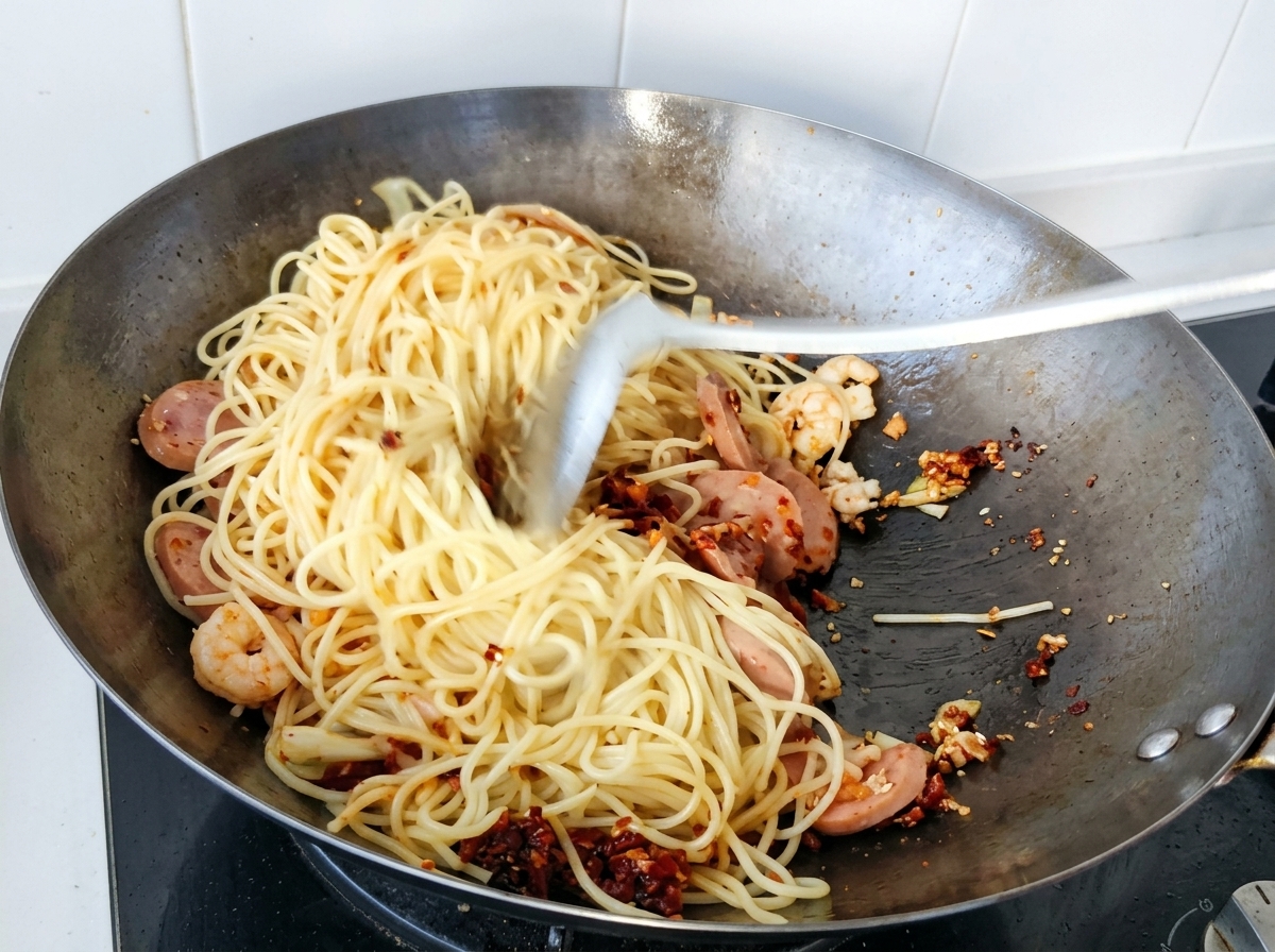 Ein weißer Pfannenwender rührt Spaghetti mit Garnelen und Wurst in einem eingebrannten Wok um, um alle Zutaten zu vermengen.