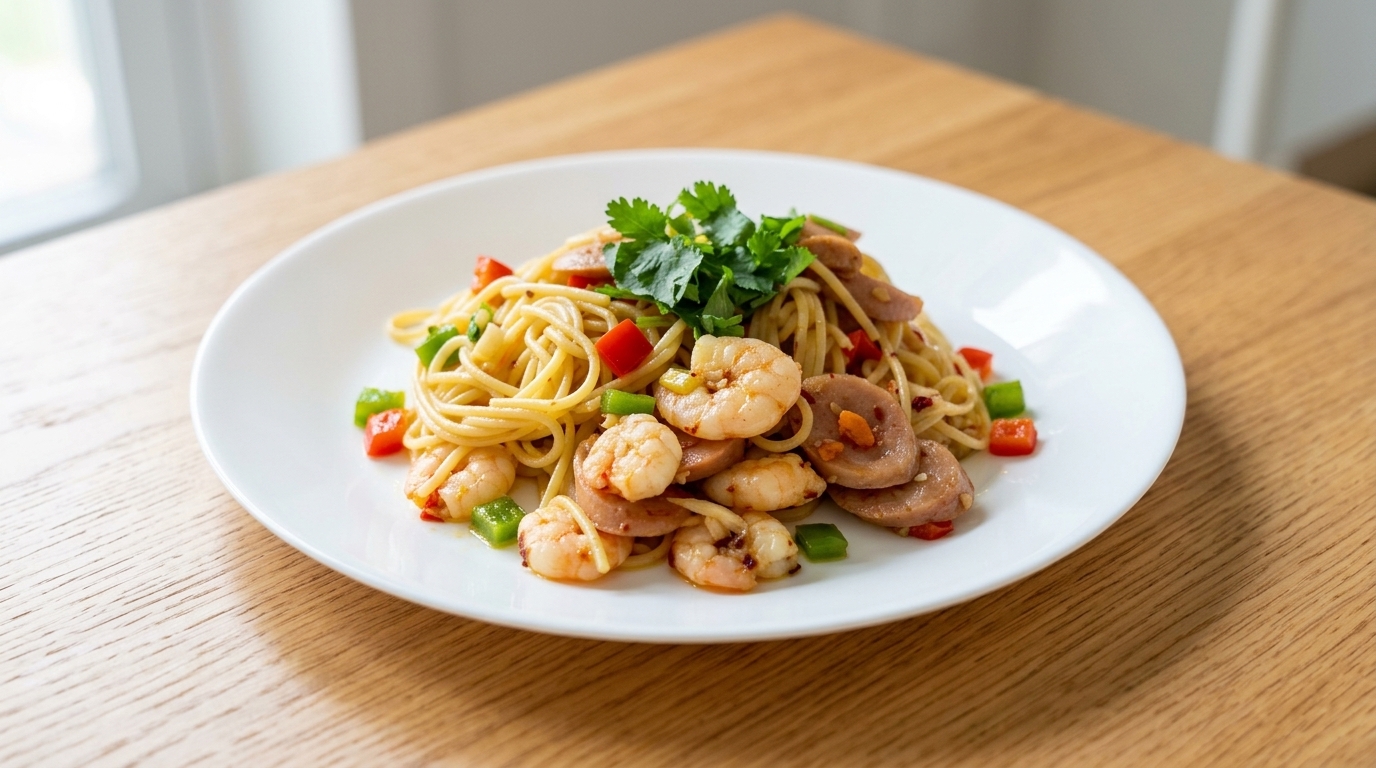 Im Wok gebratene Knoblauch-Spaghetti mit Garnelen und Wurst