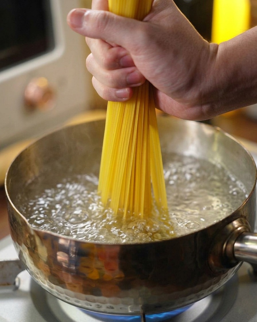 Eine Hand gibt trockene Spaghetti in einen Topf mit stark kochendem Wasser.