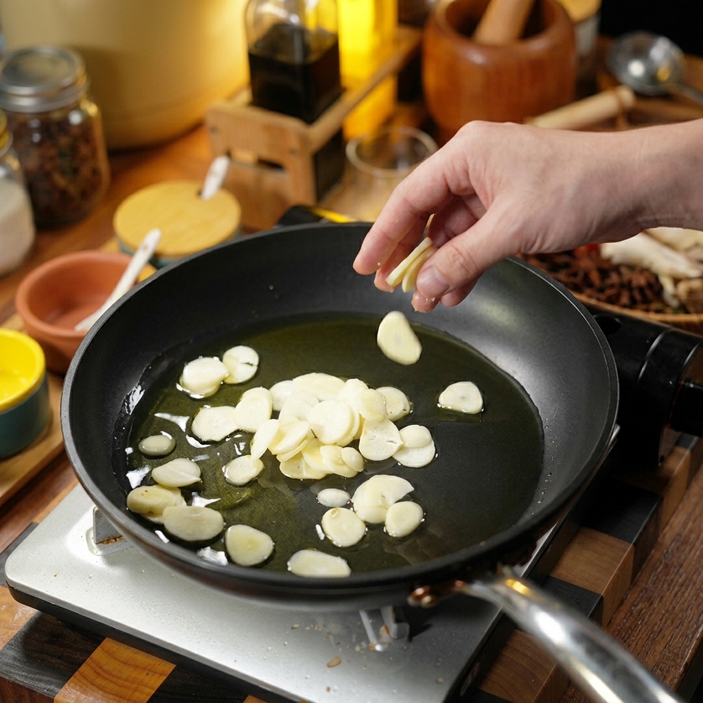 In Scheiben geschnittener roher Knoblauch wird in eine Pfanne mit heißem Öl gegeben, um ihn anzubraten.