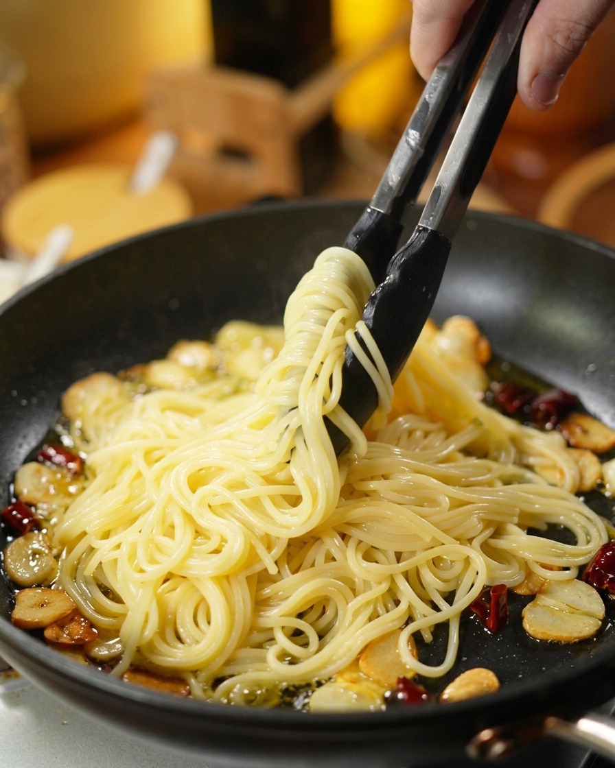 Eine Küchenzange gibt gekochte Spaghetti direkt in eine Pfanne mit aromatisiertem Knoblauch- und Chiliöl.