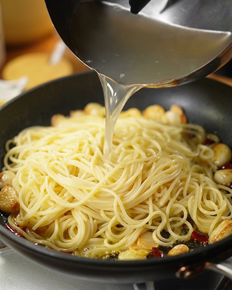 Eine Schöpfkelle aus Metall gießt trübes, stärkehaltiges Nudelwasser über die Spaghetti in der Pfanne.