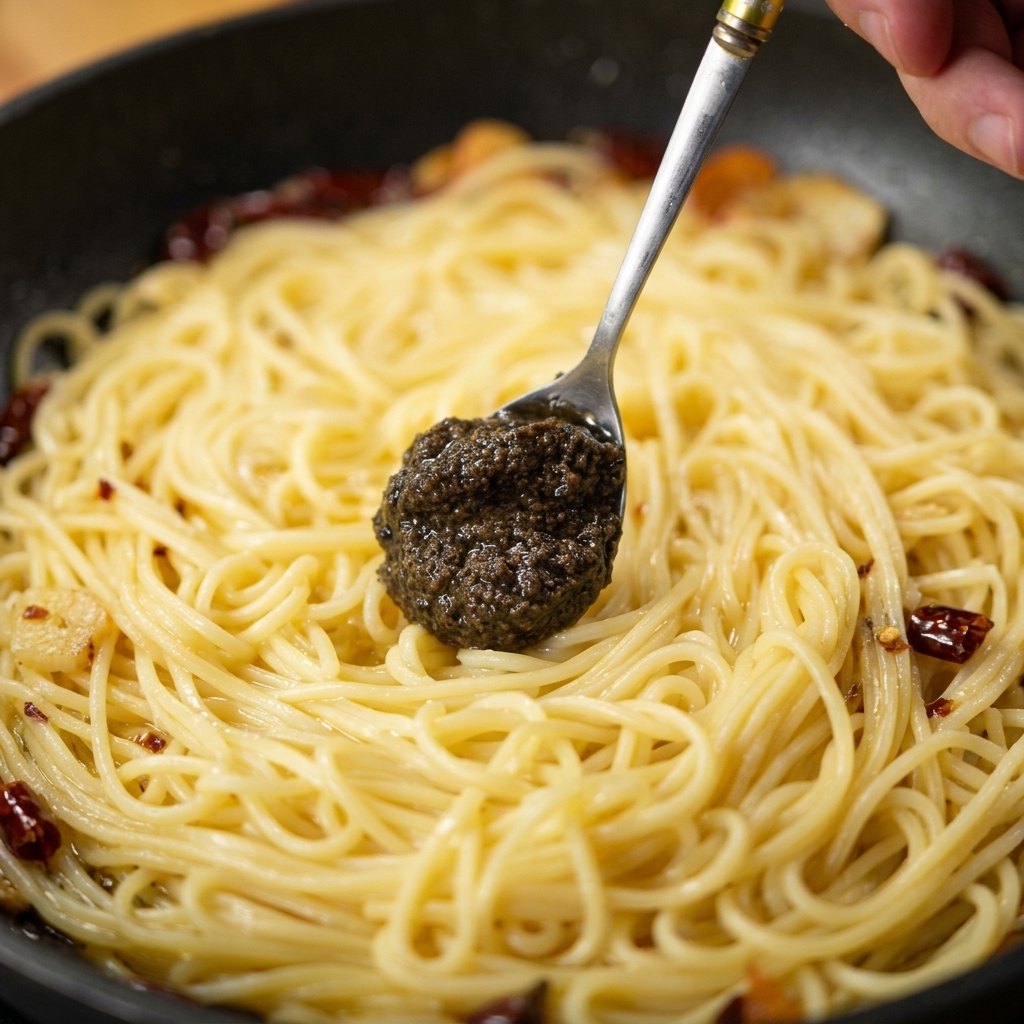 Ein Löffel gibt einen Klecks dicke, schwarze Trüffelsauce auf ein Bett aus Spaghetti in einer Pfanne.