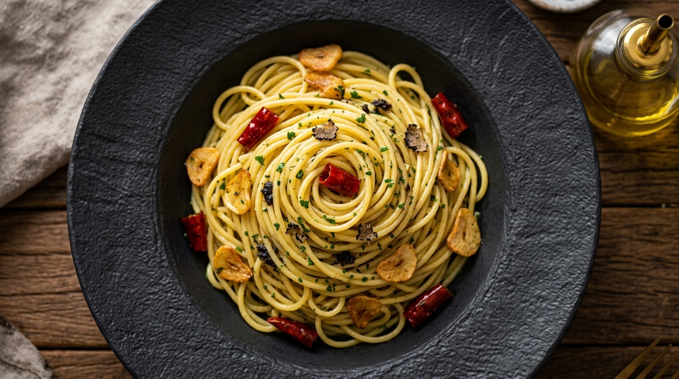 Glänzende Spaghetti geschwenkt in schwarzer Trüffelsauce, knusprigem Knoblauch und getrockneten Chilis, beträufelt mit nativem Olivenöl extra