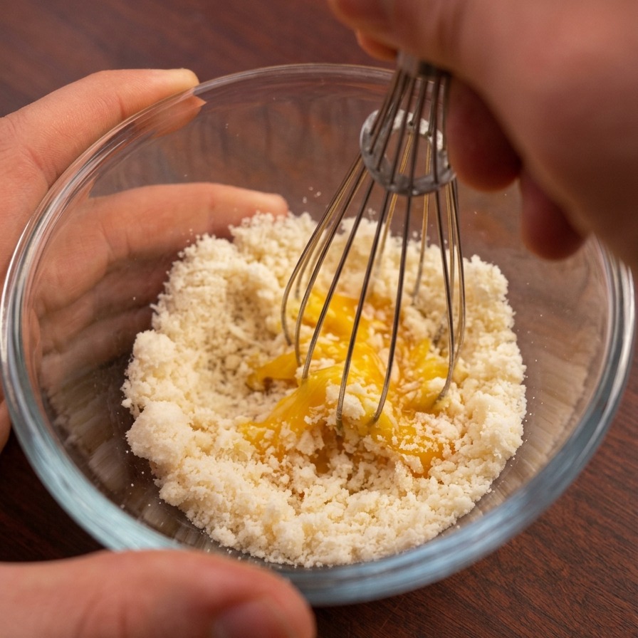 Ein kleiner Schneebesen vermischt ein Eigelb mit fein geriebenem Parmesan in einer klaren Glasschüssel.