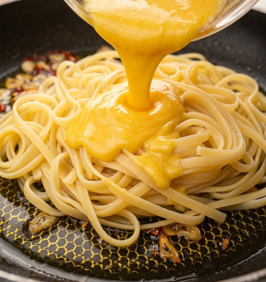 Cremige gelbe Ei-Käse-Sauce wird über einen Berg Linguine-Pasta in einer Pfanne gegossen.