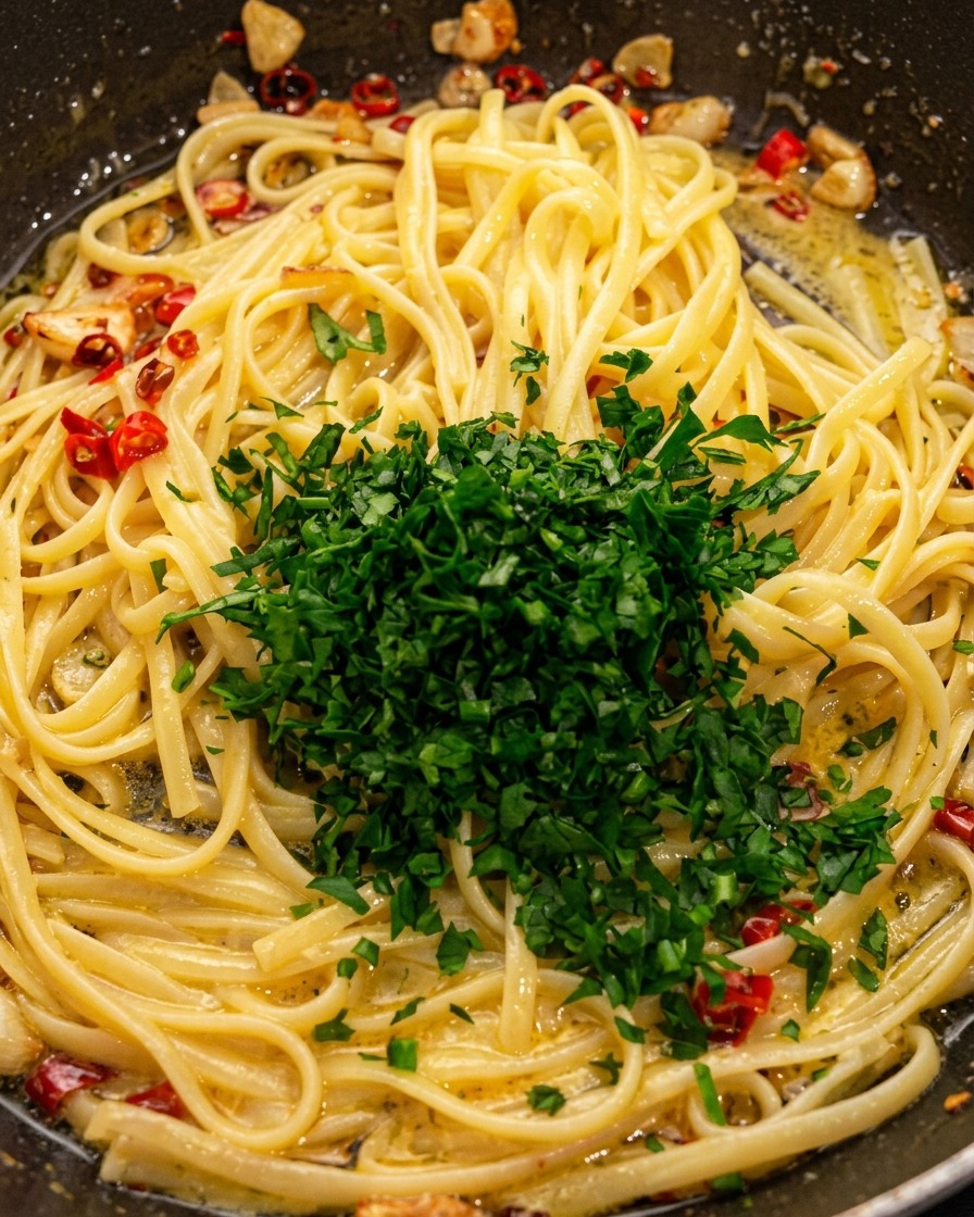 Ein großer Haufen frisch gehackter grüner Petersilie liegt auf der fertigen Pasta mit Knoblauch und Chili in einer Pfanne.
