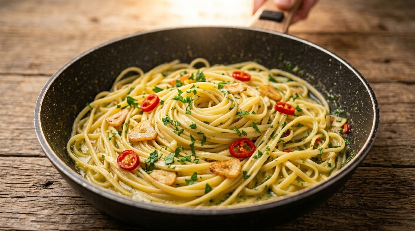 Cremige Knoblauch-Chili-Linguine (Pasta Aglio, Olio e Peperoncino mit Ei)