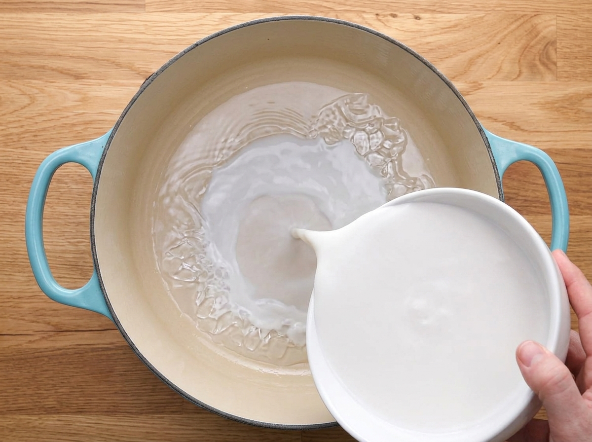 Milch wird in einen hellblauen Kochtopf gegossen.