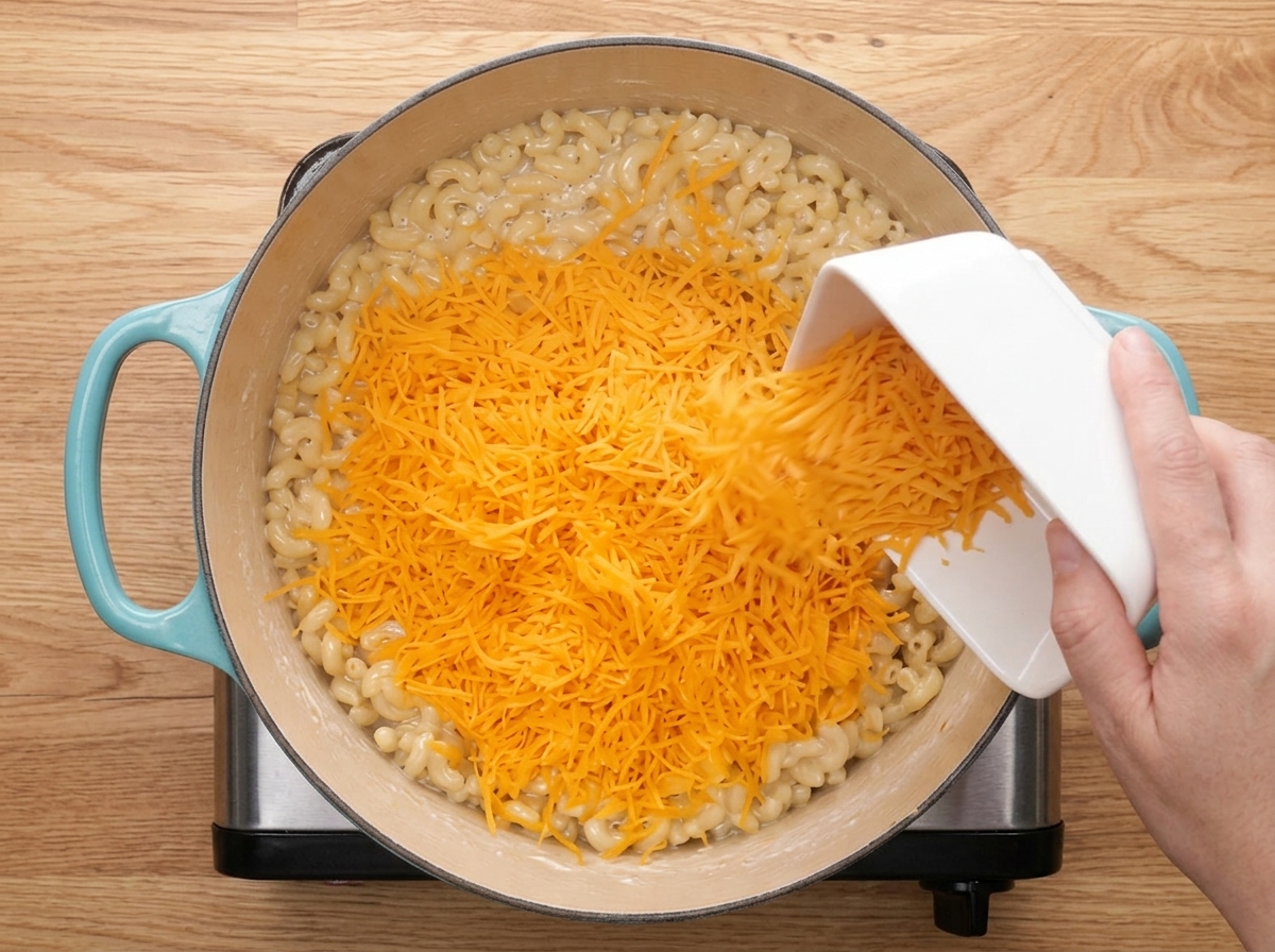Geriebener Cheddar-Käse wird aus einer weißen Schüssel auf die gekochten Makkaroni in einem Topf gestreut.