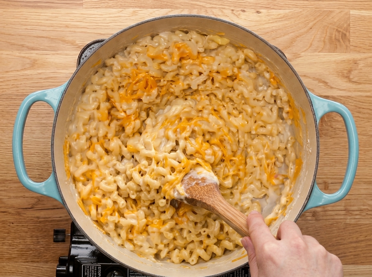 Cremiges Mac and Cheese wird mit einem Holzlöffel in einem hellblauen Topf gerührt.