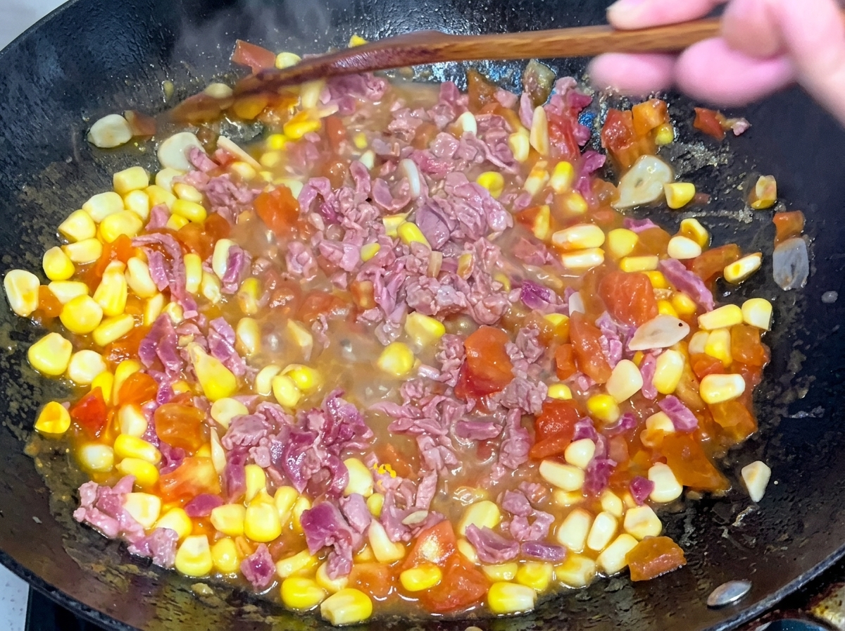 Rindfleisch, Maiskörner und Tomaten werden in einem schwarzen Wok mit einem Holzspatel angebraten.