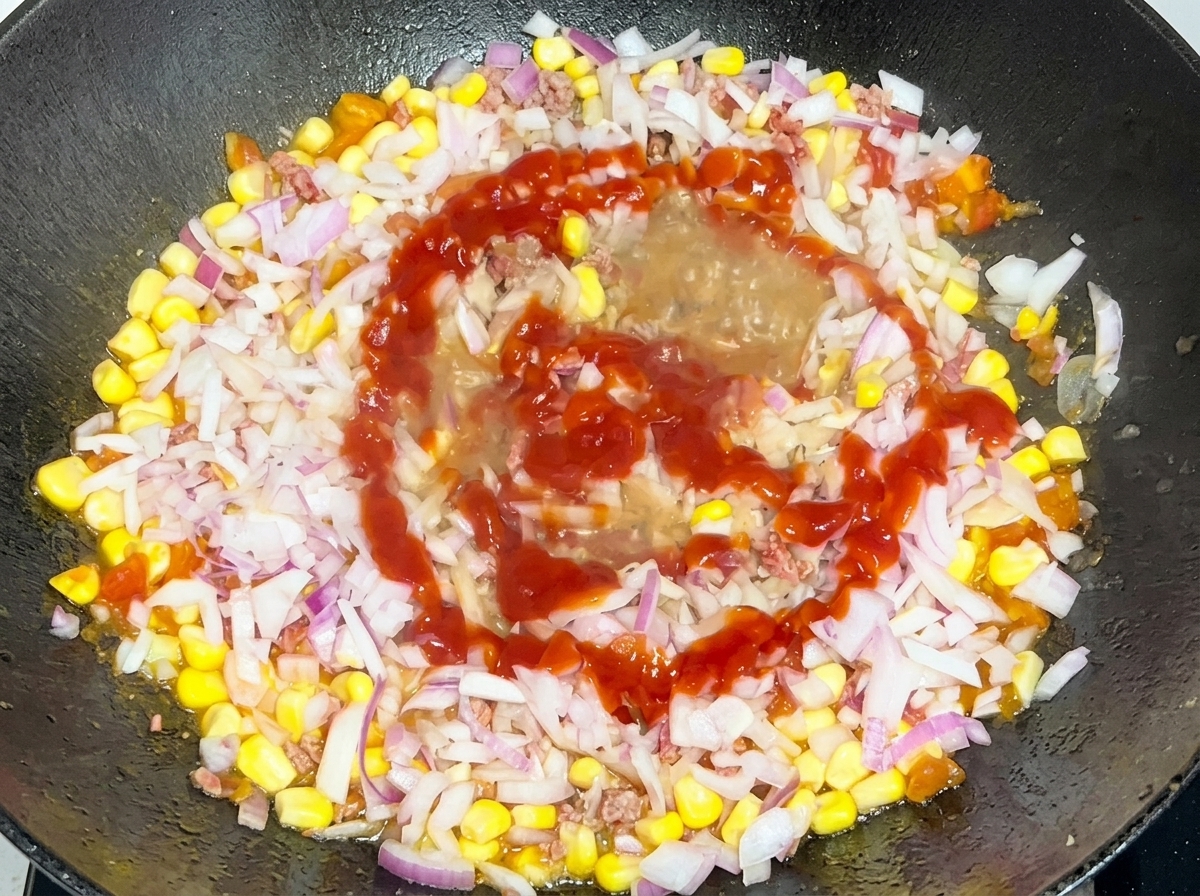 Fein gewürfelte rote Zwiebeln und ein Schuss roter Ketchup werden zur Rindfleisch-Mais-Mischung in der Pfanne gegeben.
