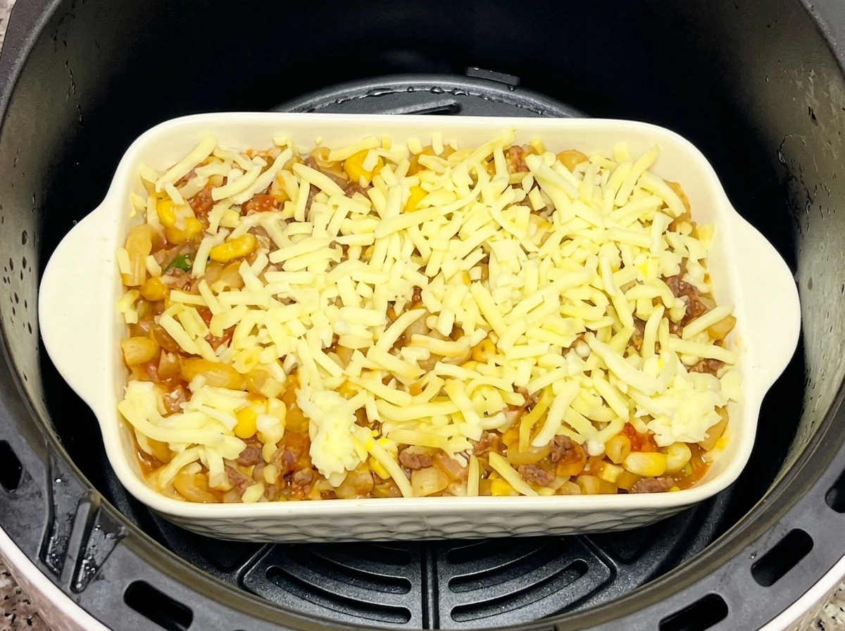 Eine weiße, rechteckige Auflaufform mit einer Schicht ungeschmolzenem Reibekäse steht im schwarzen Korb einer Heißluftfritteuse.
