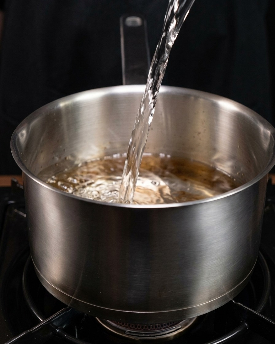 Klares Wasser wird aus einem Ausguss in einen tiefen Edelstahltopf auf dem Herd gegossen.