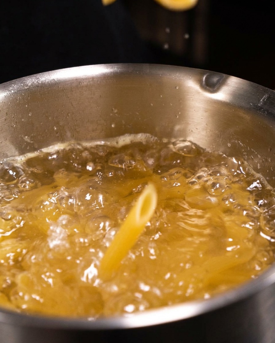 Trockene, röhrenförmige Penne-Nudeln fallen in einen Topf mit sprudelnd kochendem, gesalzenem Wasser.