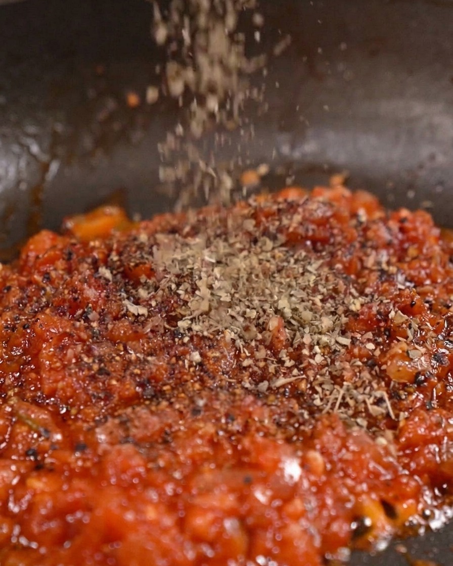 Getrocknete Kräuter und rote Gewürze werden von oben in eine dicke, blubbernde rote Tomatensauce in einer Pfanne gestreut.