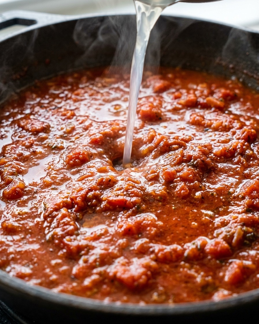 Ein Strahl klares, stärkehaltiges Nudelwasser wird in eine Pfanne mit roter Tomatensauce gegossen und erzeugt einen kleinen Wirbel.
