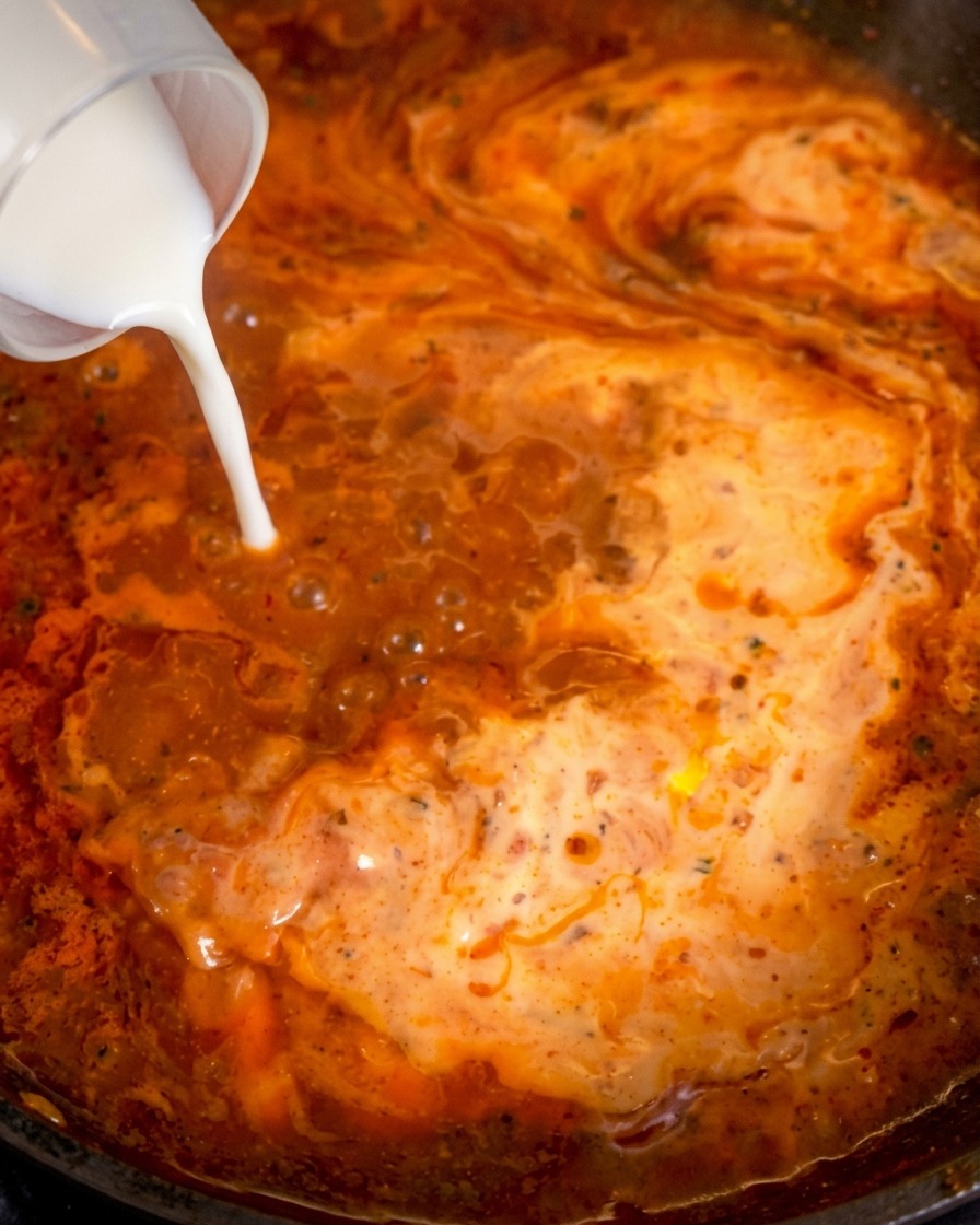 Weiße Sahne wird in eine rote Sauce gegossen und erzeugt weiße und orangefarbene Schlieren in der Pfanne.