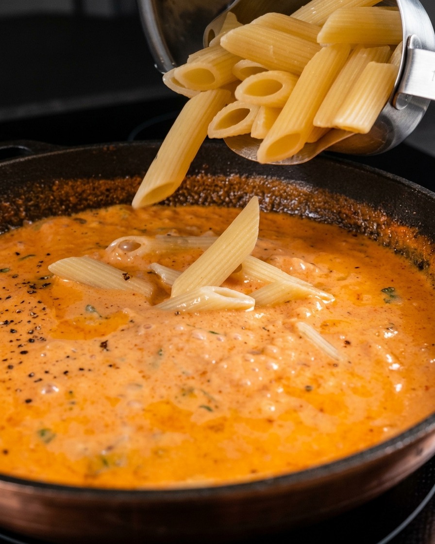 Gekochte Penne-Pasta wird aus einem Metalltopf in eine Pfanne voller cremiger, orangefarbener Sauce geschüttet.