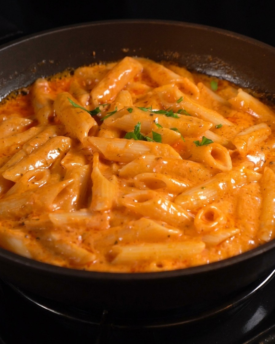 Eine fertige Pfanne mit cremiger, orangefarbener Penne-Pasta, garniert mit leuchtend grüner, gehackter Petersilie.