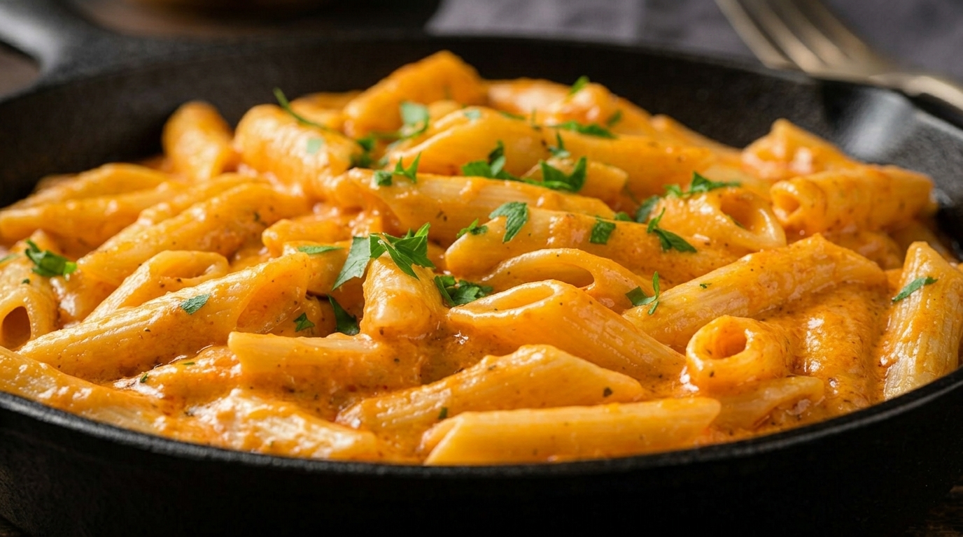 Cremige Penne-Pasta in einer reichhaltigen Tomaten-Käse-Sauce, garniert mit geschmolzenem Mozzarella und frischer Petersilie