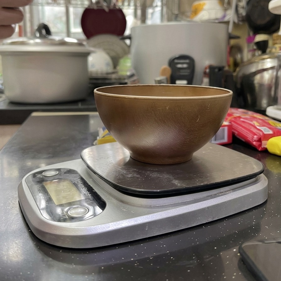 Eine Hand gießt ungekochte Hörnchennudeln aus einer grünen Plastiktüte in eine kleine Holzschale auf einer silbernen digitalen Küchenwaage.