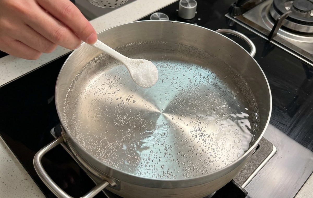 Eine Hand gibt einen kleinen Löffel Salz in einen Edelstahltopf mit sprudelnd kochendem Wasser.