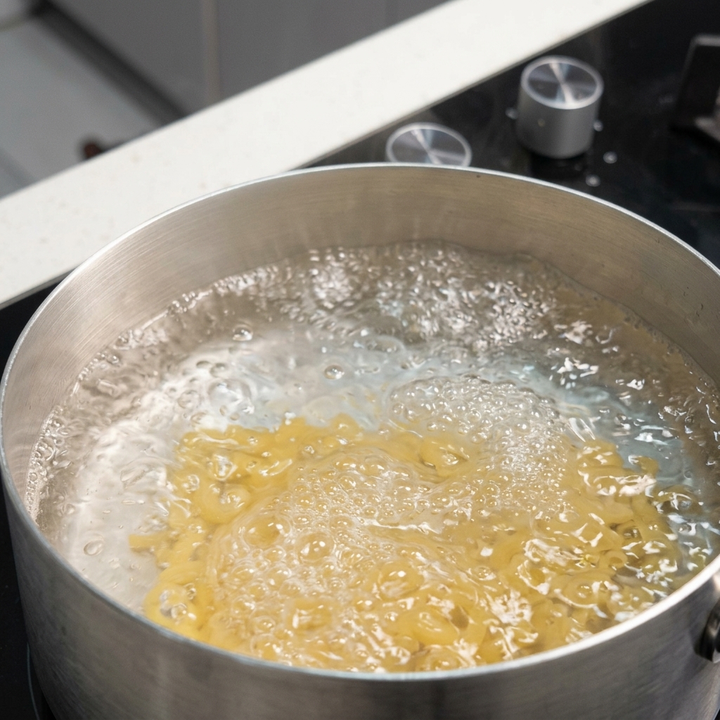 Hörnchennudeln kochen in sprudelndem Wasser in einem Edelstahltopf.