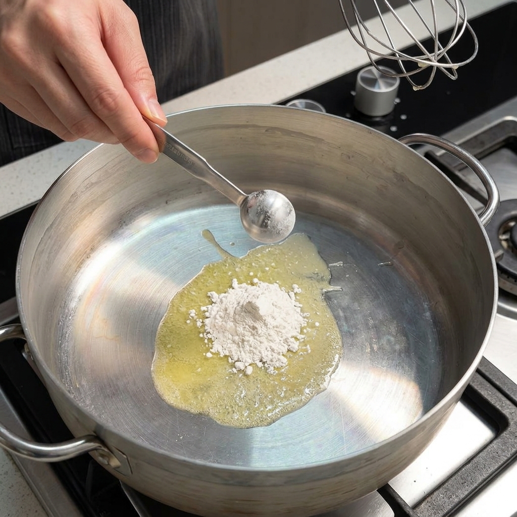 Ein Metalllöffel gibt weißes Mehl zu geschmolzener Butter in eine große Metallpfanne, ein Schneebesen liegt bereit.