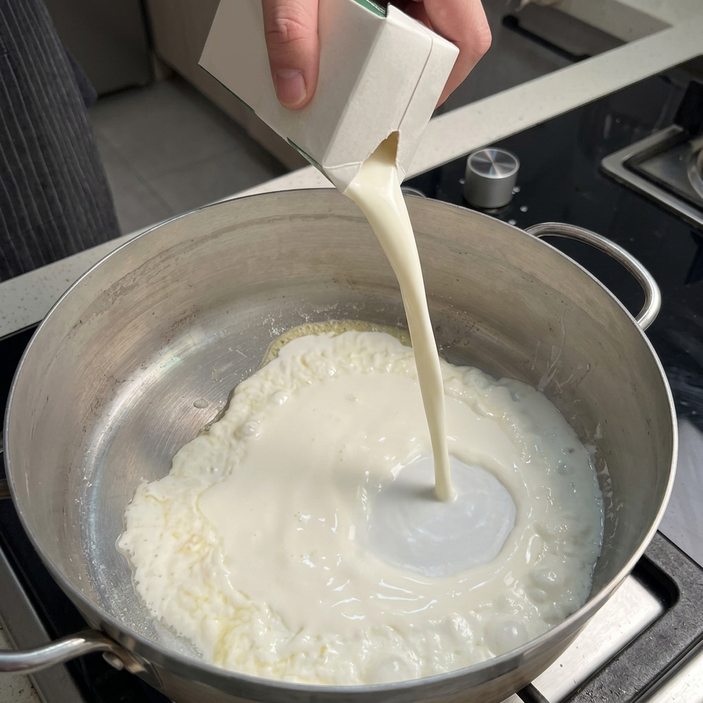 Aus einer Packung wird weiße Milch in eine erhitzte Pfanne mit der Butter-Mehl-Mischung gegossen.