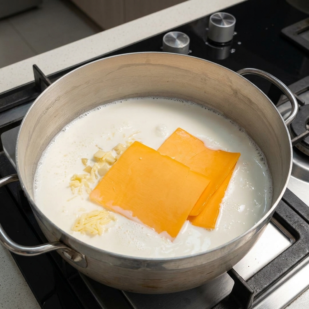 Cheddar-Scheiben und geriebener hellgelber Käse schmelzen in einer köchelnden Milchbasis in einer Metallpfanne.