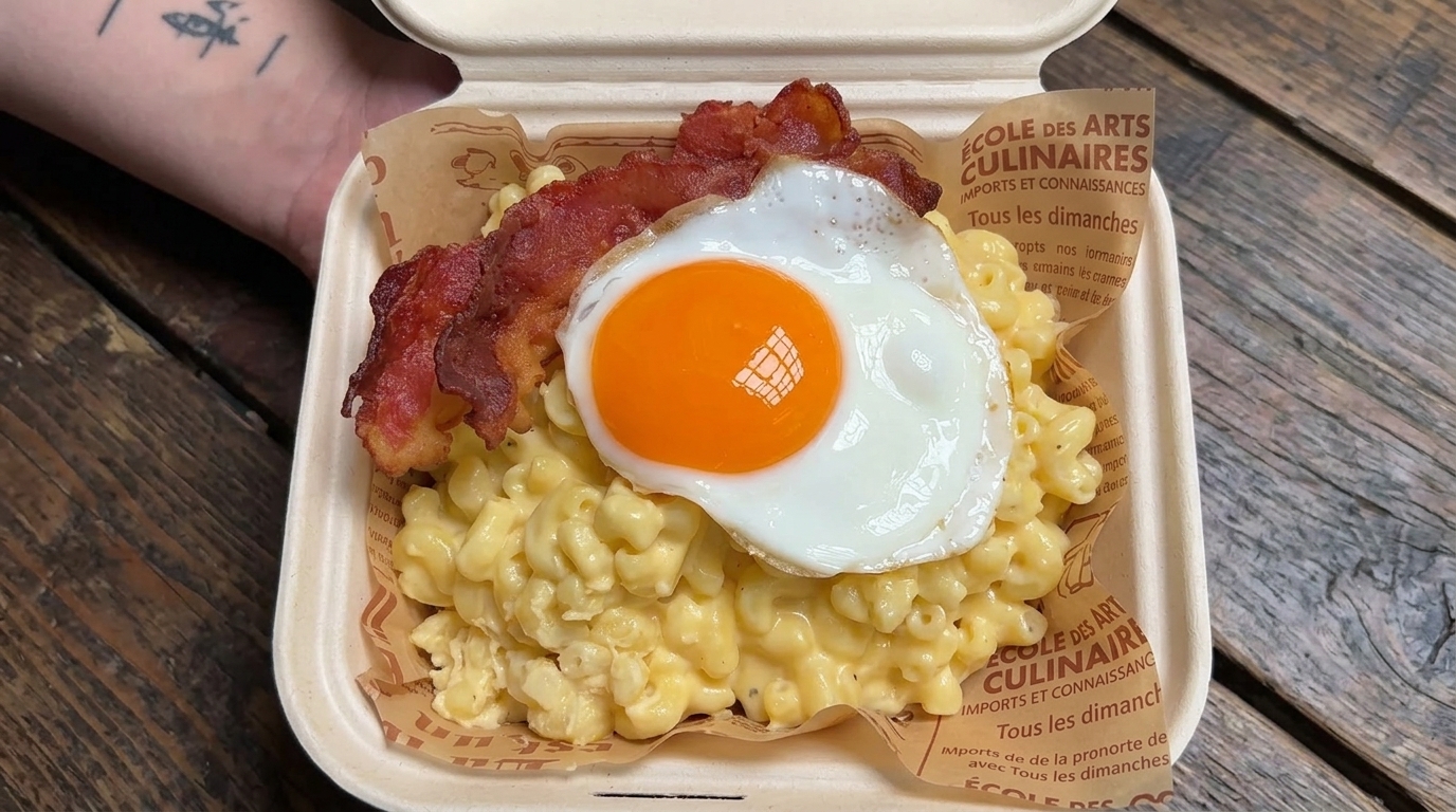 Cremige Mac and Cheese aus dem Topf mit Speck und Ei